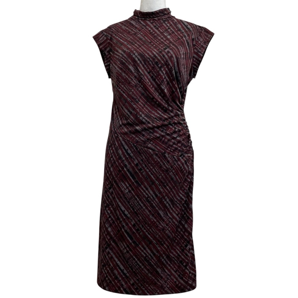 CDC Petites Vintage 90s Burgundy Printed Mock Neck Ruched Midi Dress